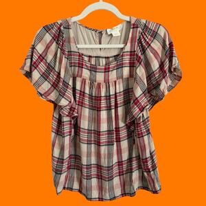 Anthropologie Maeve Priscilla Plaid Flutter Sleeve Top Small